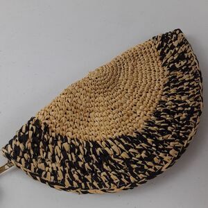 Sseko Crescent Wedge Shaped Clutch Bag Black & Brown Straw Woven Boho Jute